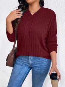 SHEIN CURVE+ Plus Size Casual Solid Color Long Sleeve Drawstring Sweatshirt, Autumn - Burgundy - View 4