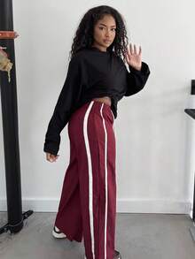 Alexandranx 女士抽绳腰阔腿休闲宽松运动哈伦裤 - 紅色 - 查看 5