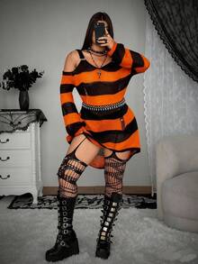 Whyspr Áo len lệch vai họa tiết sọc khối màu thời trang cỡ lớn, mùa thu - trái cam - Xem 3