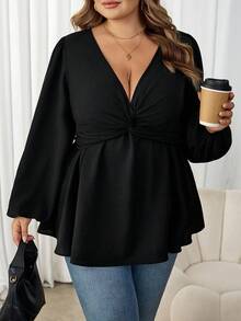 SHEIN CURVE+ Áo thun đen thường ngày phong cách Pháp cỡ lớn, Thu/Đông - màu đen - Xem 4