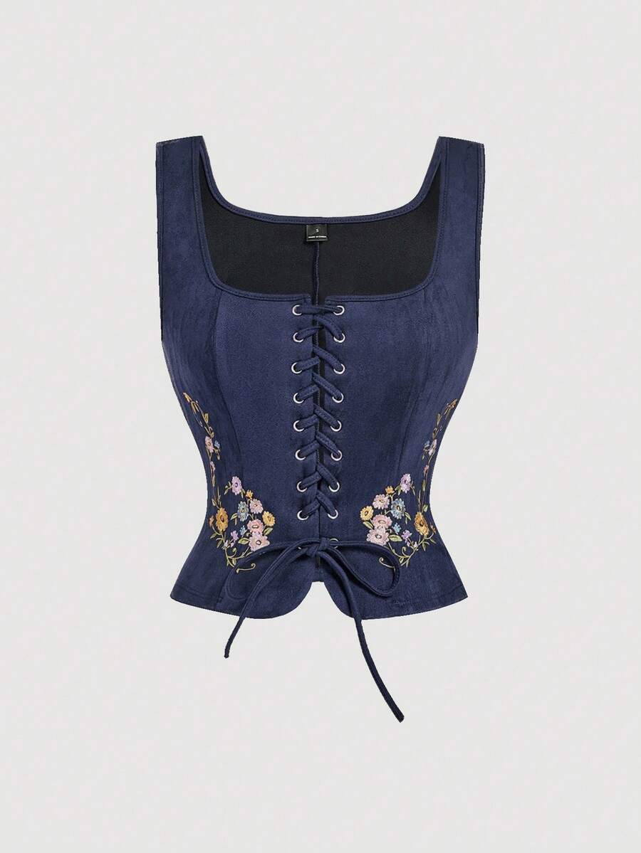 SHEIN MOD Women's Embroidered Tie-Up Suede White Camisole Top, Bohemian Style Blouse, Suitable For Music Festivals - Navy Blue - View 1