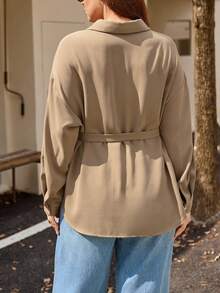 Easura Plus Size Women's Solid Color Drop Shoulder Long Sleeve Side Knot Casual Commuter Shirt