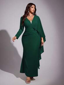 Viva Relle 大码女式优雅浪漫V领收腰鱼尾裙派对连衣裙，秋冬季 - 墨綠色 - 查看 4