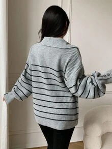 SHEIN LUNE Herbst/Winter minimalistischer Kontrast-Farbstreifen Rollkragen Strickpullover - Grau - Übersicht 2