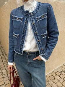 K-Vae 女秋冬牛仔外套圆领修身版型日常通勤牛仔夹克新年装 - 淺色水洗藍 - 查看 6