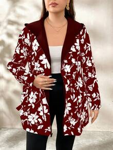 SHEIN Clasi Reversible Plus Size Jacket, One Side Printed Black & White, One Side Solid Color, Suitable For Autumn/Winter - Burgundy - View 6