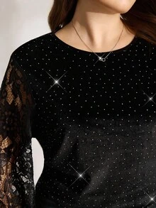 Comfylo 大码女式水钻装饰圆领撞色蕾丝灯笼袖优雅上衣，秋冬季舒适保暖，适合圣诞节、新年、感恩节派对，亮片上衣，闪亮奢华晚宴优雅上衣，复古富贵风上衣 - 黑色 - 查看 9