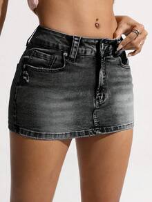 SHEIN ICON Váy denim mini ôm sát gợi cảm thời trang dành cho nữ - màu đen - Xem 4