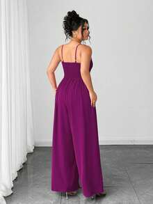 Elenzga 大码女式优雅端庄纽扣带褶皱腰阔腿连体裤 - 紫色 - 查看 2