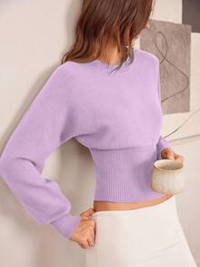 Hanevo Casual Round Neck Drawstring Waist Slim Fit Solid Color Knit Sweater, Versatile For Autumn/Winter - Mauve Purple - View 8