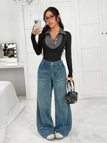 SHEIN EZwear Bộ đồ liền thân màu sắc tối giản thường ngày dành cho nữ - màu đen - Xem 4