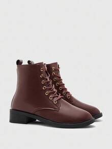 CUCCOO BIZCHIC 女士经典系带圆头厚底酒红色踝靴和短靴，舒适的日常穿着和通勤，适合秋冬 - 酒紅色 - 查看 6