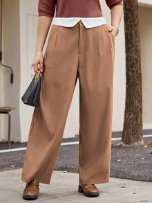 Calvaya Plus Size Fashion Commuter Colorblock Asymmetric Waistband Design Pants - Khaki - View 1