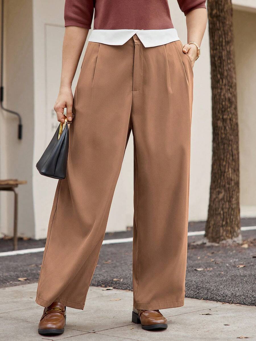 Calvaya Plus Size Fashion Commuter Colorblock Asymmetric Waistband Design Pants - Khaki - View 1