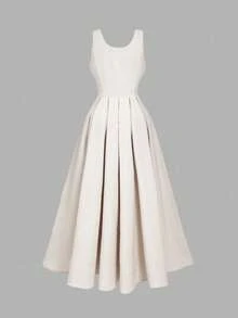 SHEIN MOD 加大码杏色复古翻领纽扣前腰收腰中长连衣裙 - 杏色 - 查看 3