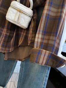 INAWLY Plus Size Casual Loose Plaid Shirt, Flattering - Coffee Brown - View 8