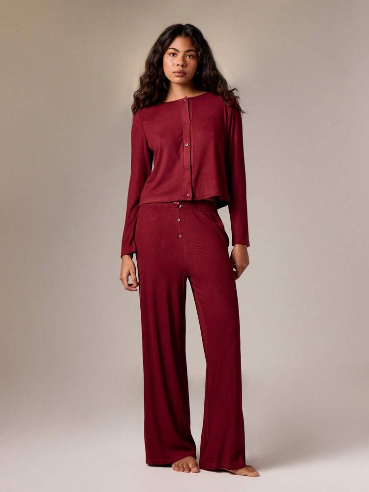 Ribbed Button Front Cardigan With Wide Leg Trousers