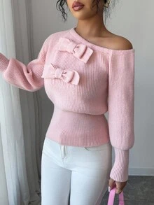 Elenzga Women's Fashion Casual Oblique Collar Bow Pullover Pink Sweater, Christmas, New Year, Thanksgiving Gift