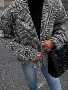 Elenzga Szary płaszcz z wełnianej wełny z długim rękawem i prostymi nogawkami w jodełkę, luźny, na co dzień, do biura, na imprezę, eleganckie wesele, Halloween, Boże Narodzenie, Nowy Rok, jesień i zimę. Standardowe rozmiary.