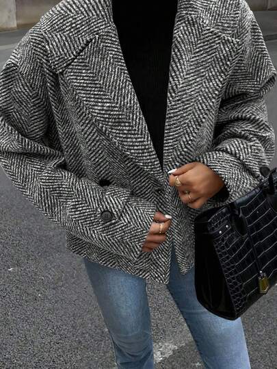 Elenzga Grey Lapel Herringbone Woolen Long Sleeve Straight-Leg Loose Coat For Leisure Office Fashion Outing Party Elegant Wedding Halloween Christmas New Year Autumn Winter Standard Size's Clothing