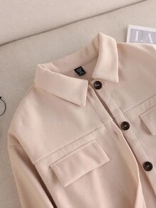 Auralis 大码女士秋冬时尚休闲宽松舒适基本款日常百搭杏色衬衫夹克、秋季服装、冬季外套、冬装、街头女装 - 杏色 - 查看 5