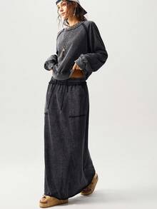 Bohemela 2 件套女士休闲纯色针织圆领长袖宽松运动衫和宽松裙子 - 黑色 - 查看 7