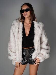 SHEIN ICON 女式超大白色连帽开襟仿皮草夹克，性感街头风格秋冬休闲装 - 彩色 - 查看 3