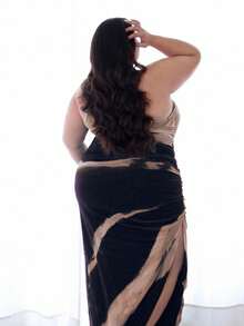 Pretty and Ole 大码女式扎染印花无袖褶皱修身中长连衣裙，夏季长款女装