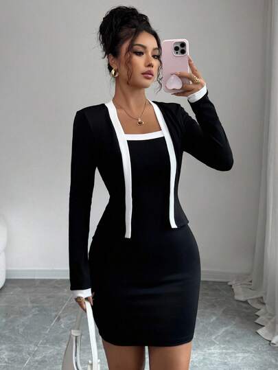 Elenzga Vestido mini ajustado de manga larga 2 en 1 para mujer