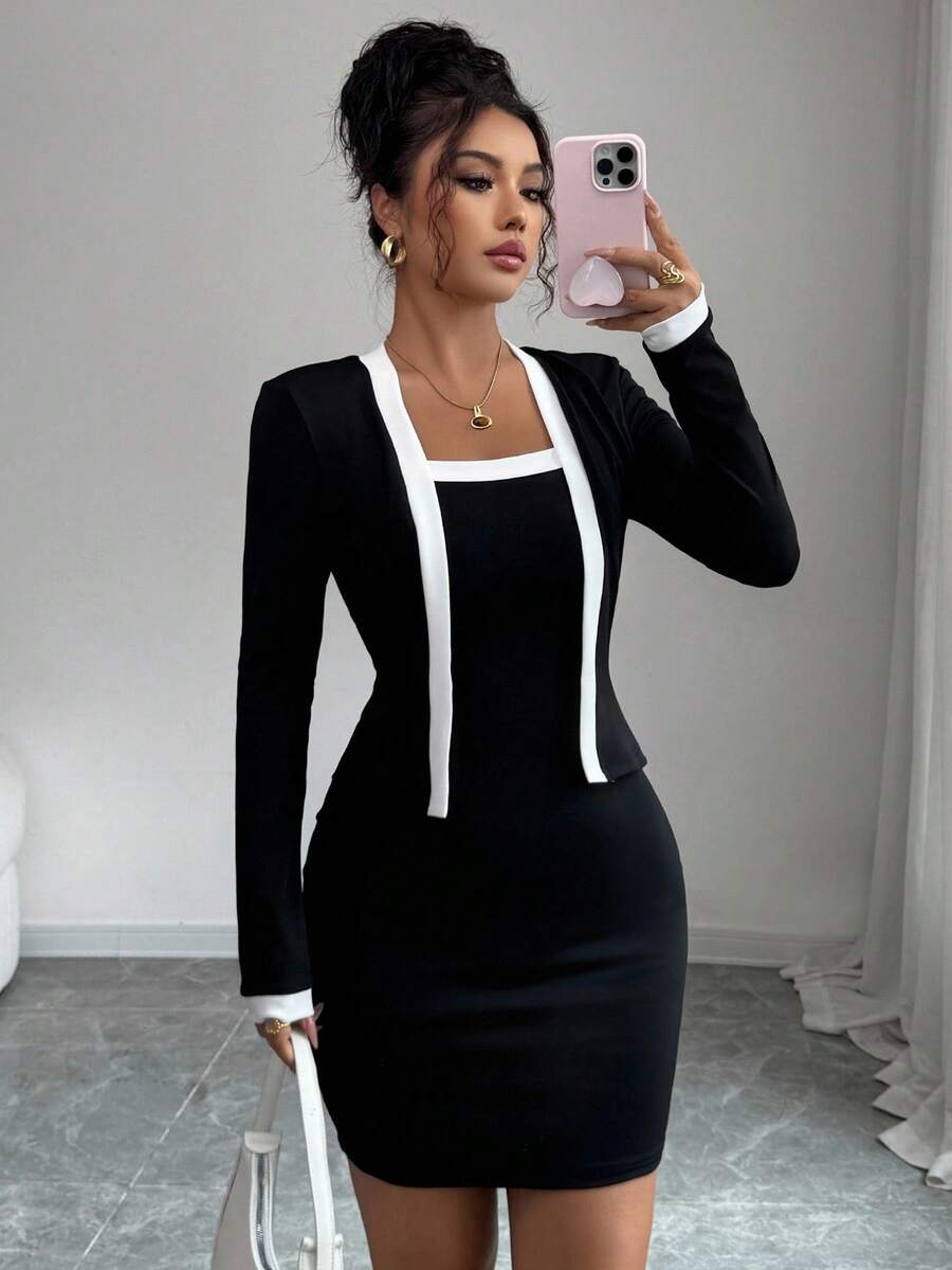 Elenzga 女式二合一长袖紧身迷你连衣裙 - 黑色 - 查看 1