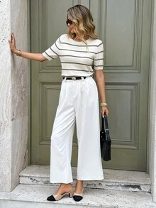 Serisse Blusa de punto casual de cuello redondo y manga corta a rayas para mujer