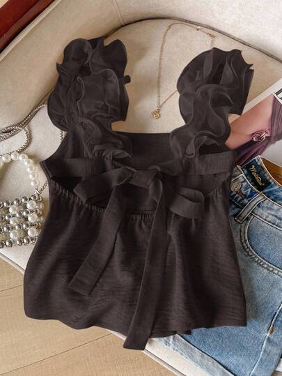 SHEIN Frenchy Women's Solid Color Backless Ruffle Trim Fashion Camisole Brown Summer