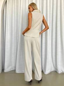 Siren Gaze Women's Sleeveless Ruffle Hem Vest Top And Long Pants Set, Elegant Office Lady 2 Pieces Outfit, Suitable For All Seasons