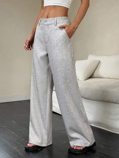 Flirla Petite 女士时尚畅销长裤，灰色，四季皆宜，适合办公室、学校等场合，简约优雅侧袋直筒休闲裤