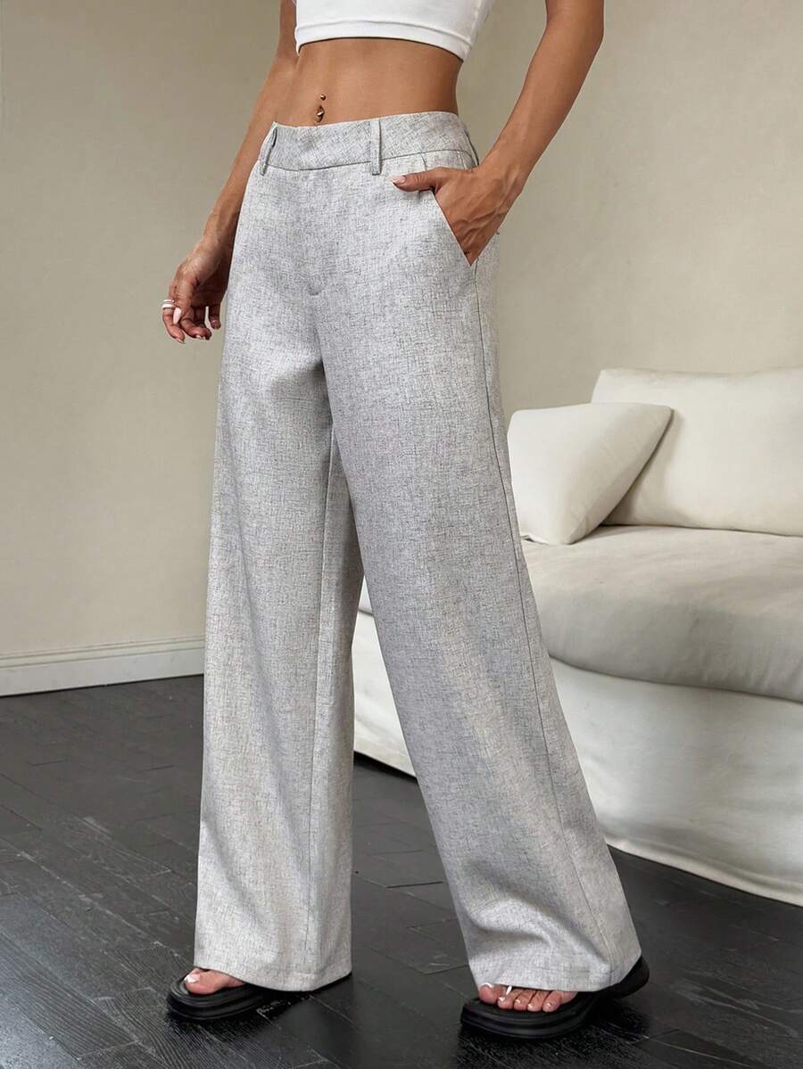 Flirla Petite 女士时尚畅销长裤，灰色，四季皆宜，适合办公室、学校等场合，简约优雅侧袋直筒休闲裤 - 灰色 - 查看 1