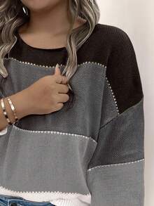 SHEIN Plus Size Color Block Round Neck Drop Shoulder Sweater, Winter Knit Pullover Fall Outfit Autumn - Black and White - View 5