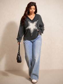 Elaquor Áo thun tay dài đính sao thời trang cỡ lớn, mùa thu - Xám - Xem 1