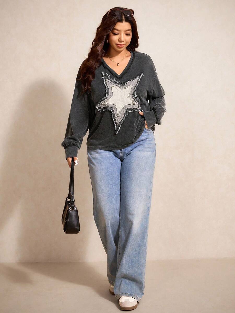 Elaquor Áo thun tay dài đính sao thời trang cỡ lớn, mùa thu - Xám - Xem 1