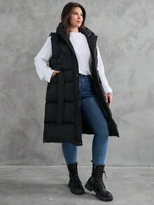 EURMUSE 女士无袖背心加大码连帽外套保暖拉链口袋外套冬季加厚 - 黑色 - 查看 4