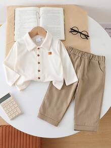 2 Stücke/Set Kleinkind Jungen Langarm Kragen Geripptes Lässig Weiches Hemd und Khaki Vertikal Gerippte Hose Set, Weihnachten - Aprikosenfarben - Übersicht 7