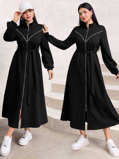 Graceveil Elegant Waist Cinched Long Sleeve Stand Collar Minimalist Design Outerwear, Flattering Silhouette, Suitable For Autumn/Winter Abayas