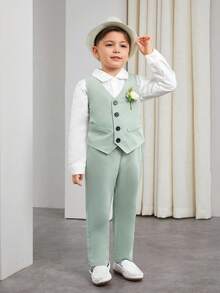 2 件套年轻男孩绅士套装 - 背心夹克 + 裤子，优雅正式西装，适合生日派对、婚礼、周年纪念、毕业典礼、婚礼嘉宾、花童、戒指持有者 - 綠色 - 查看 7