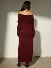 Aveloria Modichic New Loose Off-Shoulder Long Sweater Dress, Casual Chic Style - Burgundy - View 5