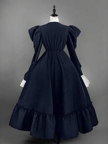 Sunspun Plus Size Gothic Style Contrast Color Cross Peplum Waist Dress - Blue - View 2