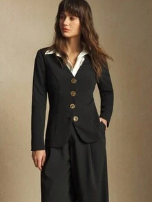 BizChic Black Metal Button Decorated V-Neck Front Open Women's Suit Jacket, Modern Urban Elegant Romantic Office Commute Business Casual Workwear, Suitable For Formal Occasions, Office, Wedding Guest, Party, Performance, Daily Wear Work Outfits For Women Office Outfits For Women - Black - View 6