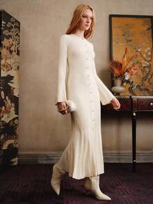 Arave 纯色连衣裙，女式法式简约腰部修身针织长裙 - 杏色 - 查看 5