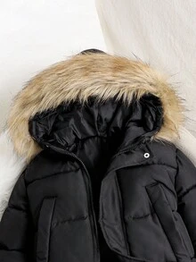 Unisex Mid-Long Hooded Winter Jacket With Printed Back, Detachable Hood, Pockets And Zipper, Polyester Outerwear Suitable For Daily Outings, Outdoor And Cold Snowy Weather In Winter - Black - View 8