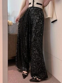 DAZY 女士优雅亮片装饰直筒裤，休闲百搭，适合新年、圣诞节、婚礼、派对、秋冬嘉年华等场合 - 黑色 - 查看 5