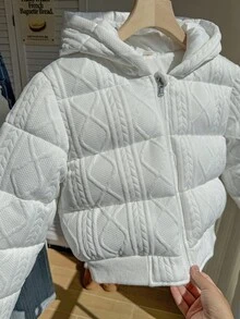 1 pieza Abrigo con capucha con estampado floral texturizado para adolescentes, color blanco sólido, manga larga, informal, adecuado para el invierno - Blanco - Ver 6