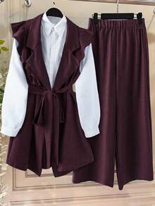 EMERY ROSE Plus Size Women's Solid Color Contrast Ruffle Trim Faux Pocket Full Button Elegant Commuter Blazer Jacket + Solid Button A-Line Simple Versatile Skirt 2 Pieces Set - Rusty Rose - View 1